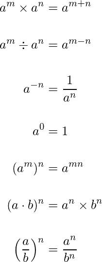 \begin{align*}{a^m \times a^n &= a^{m+n} \\[15pt] a^m \div a^n &= a^{m - n} \\[15pt] a^{-n}&=\frac{1}{a^n} \\[15pt] a^0&=1 \\[15pt] (a^m)^n&=a^{mn} \\[15pt] (a\cdot b)^n&=a^n \times b^n \\[15pt]  \Big(\frac{a}{b}\Big)^n&=\frac{a^n}{b^n}}\end{align*}