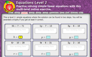 Algebra Learning Resource. Several levelled interactive worksheets on solving simple equations using different letters for unknowns.